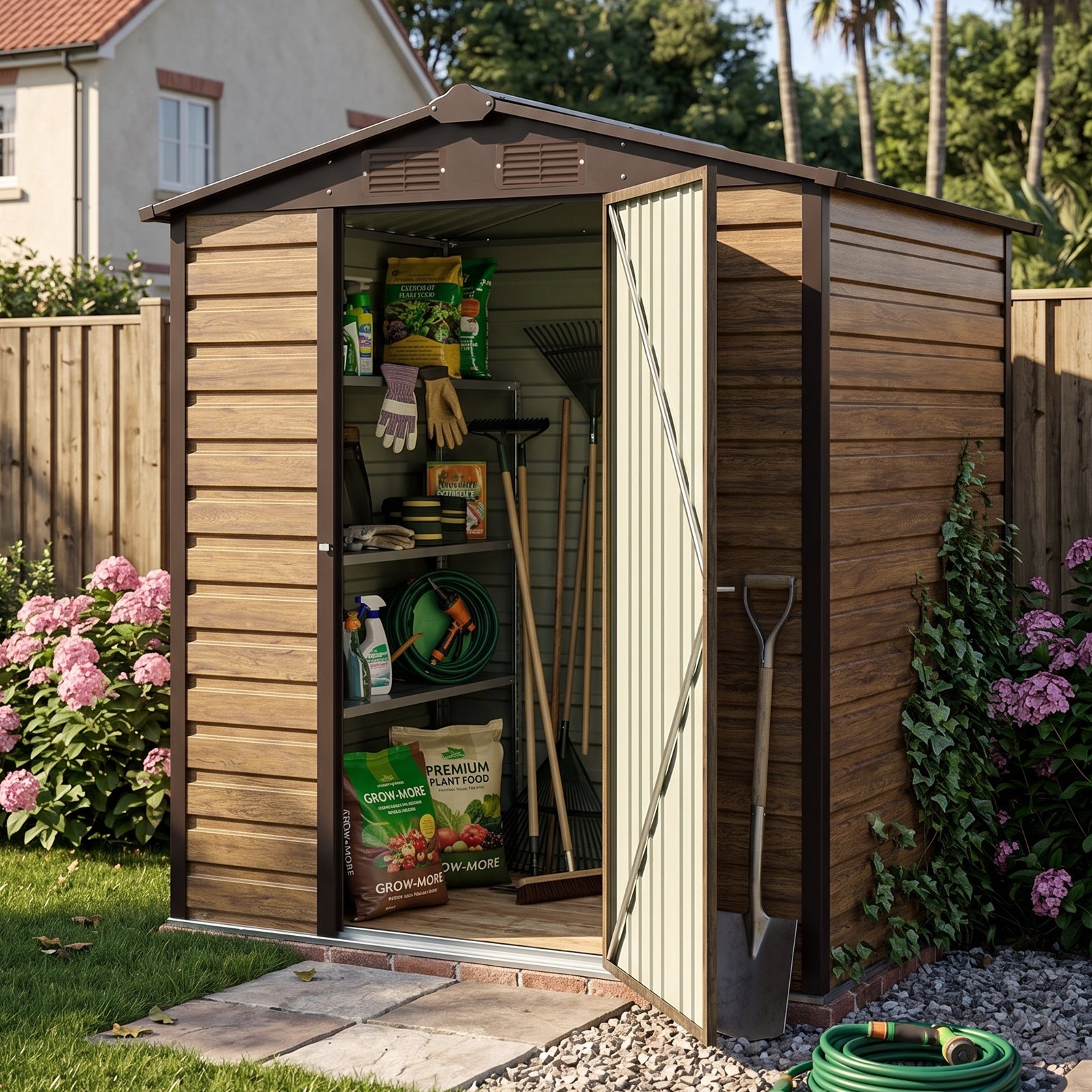 6x4ft Wood Grain Metal Garden Storage Shed With Lockable Door